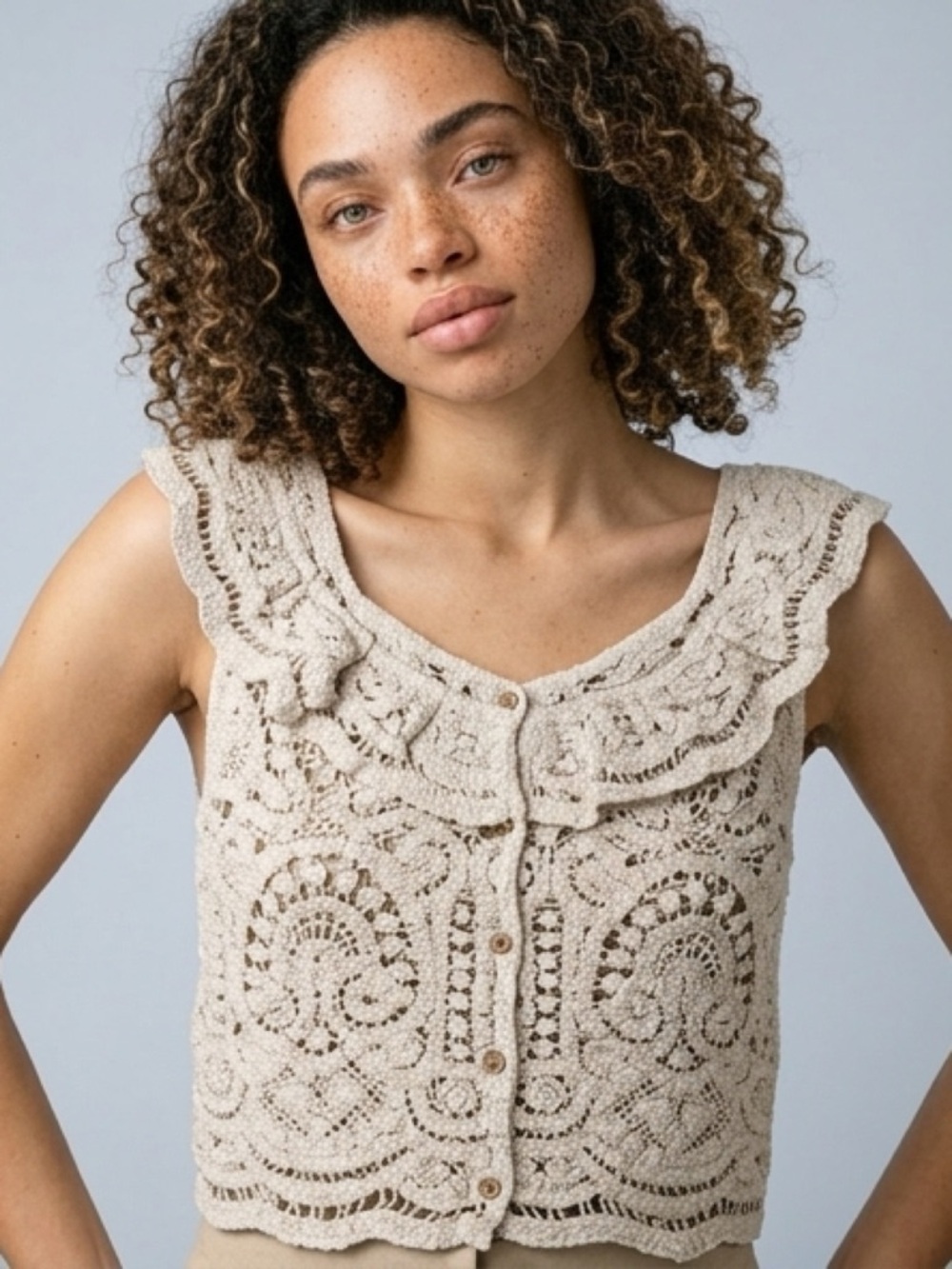 Universal Thread Crochet Knit
French Sleeve Ruffle Collar
Button-Up Cardigan